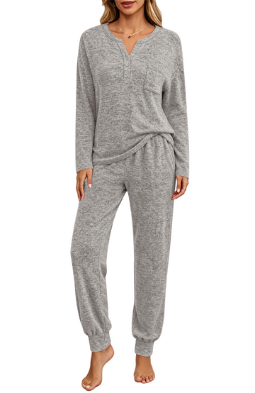 UVN Pajamas Sets for Women Long Sleeve Henley Neck Tops and Pants Two Piece Outfits Fall Winter Casual Sleepwear Pjs Lounge Sets