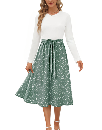 UVN Fall Dresses for Women Long Sleeve Crewneck Ribbed Casual Dress Ladies Floral Print Midi Dresses with Pockets
