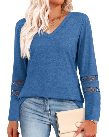 UVN Fall Blouses for Women Long Sleeve V Neck Tunic Tops Casual Hollow Out Curved Hem Dressy Shirts