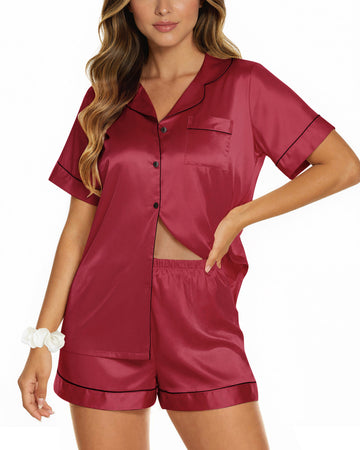 UVN Pajamas Sets for Women Short Sleeve Button Down Tops and Shorts 2 Piece Outfit Soft Satin Silk Pjs Sleepwear Loungewear