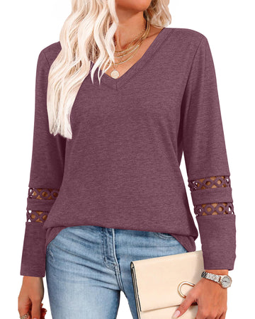 UVN Fall Blouses for Women Long Sleeve V Neck Tunic Tops Casual Hollow Out Curved Hem Dressy Shirts