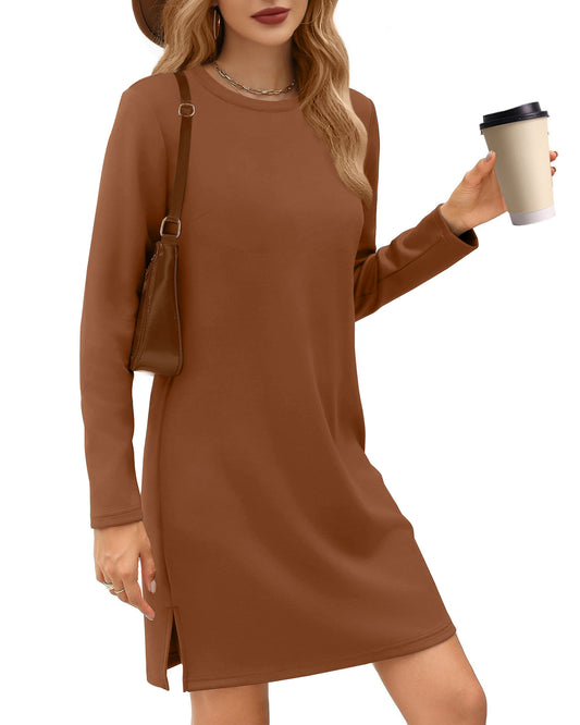 UVN Dresses for Women Fall Winter Long Sleeve Crewneck Casual Pullover Sweatshirt Dress with Side Split