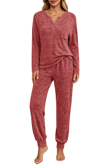 UVN Pajamas Sets for Women Long Sleeve Henley Neck Tops and Pants Two Piece Outfits Fall Winter Casual Sleepwear Pjs Lounge Sets
