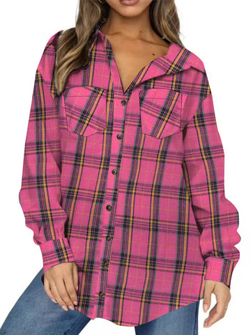 UVN Plaid Shirt for Women Oversized Flannel Long Sleeve Shirts Casual Button Down Blouse Tops with Pockets
