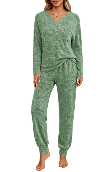 UVN Pajamas Sets for Women Long Sleeve Henley Neck Tops and Pants Two Piece Outfits Fall Winter Casual Sleepwear Pjs Lounge Sets
