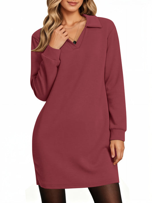 UVN Dresses for Women Long Sleeve Lapel Neck Dress Fall Casual Sweatshirt Dresses