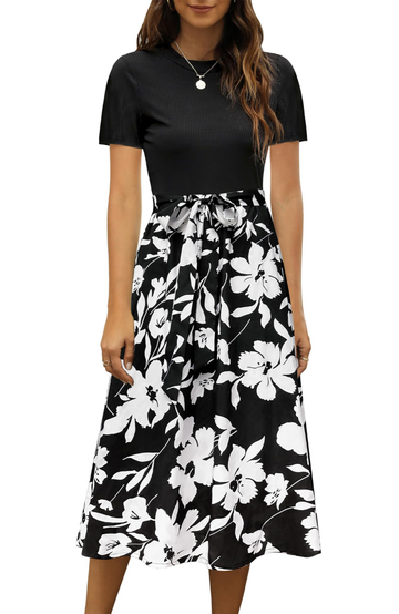 UVN Summer Dresses for Women Short Sleeve Ribbed Casual Midi Dress Ladies Floral Print Sundress with Pockets