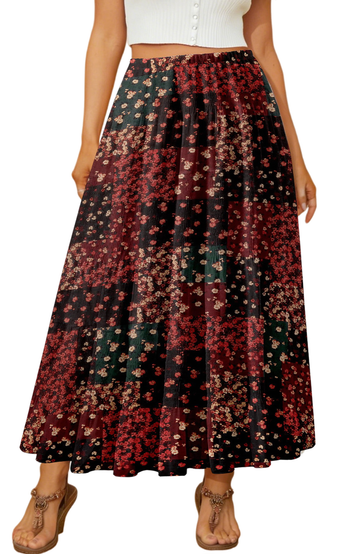 UVN Skirts for Women Summer Chiffon Pleated A-Line Long Skirt Elastic High Waist Swing Tiered Boho Beach Floral Print Maxi Skirts