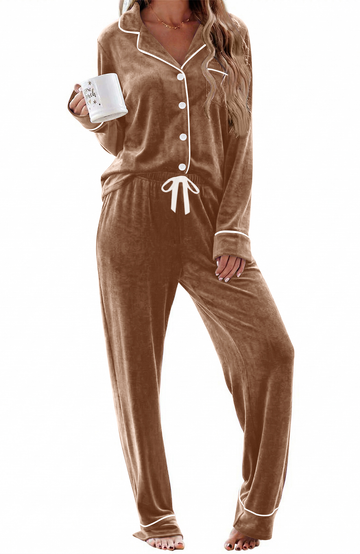 UVN Velvet Pajama Sets for Women Winter Long Sleeve Button Top and Womens Drawstring Pant Sleepwear with Pockets