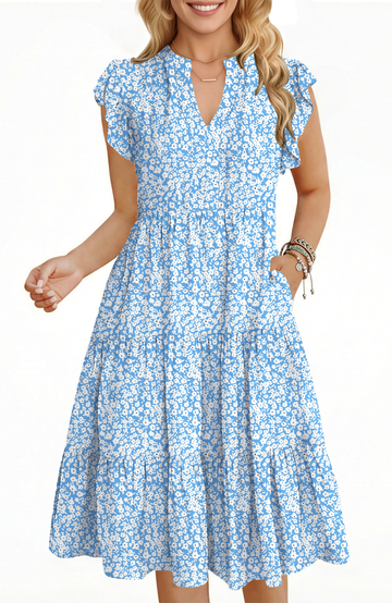 UVN Summer Dresses for Women Ruffle Sleeve V Neck Midi Dress Casual Beach Sundress with Pockets