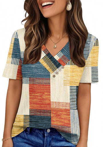 UVN Blouses for Women Summer Short Sleeve V Neck Button Shirts Dressy Casual Business Tunic Tops