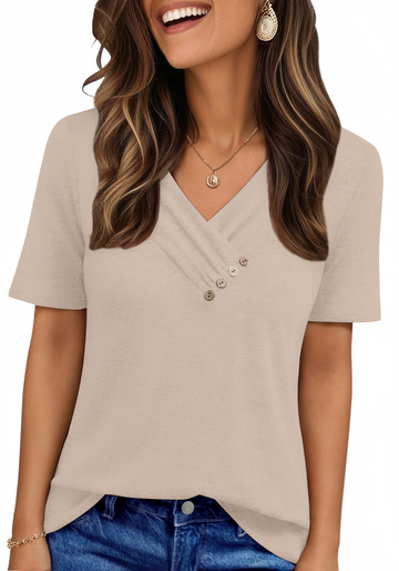 UVN Blouses for Women Summer Short Sleeve V Neck Button Shirts Dressy Casual Business Tunic Tops