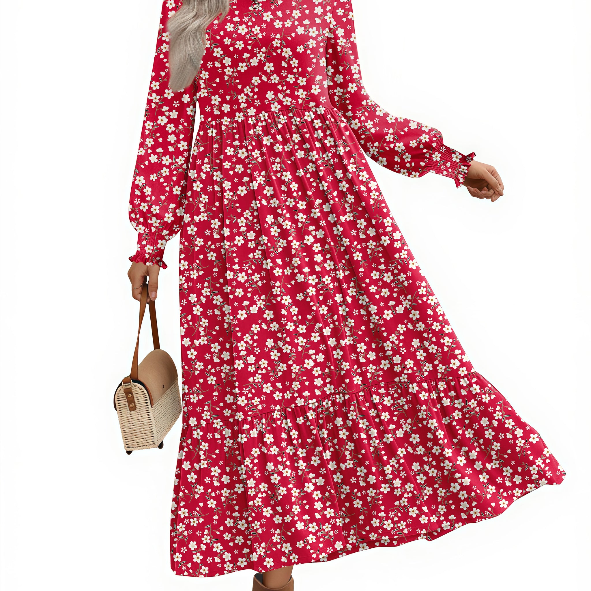 UVN Fall Long Dress for Women Crewneck Casual Long Sleeve Pleated Dresses with Pockets