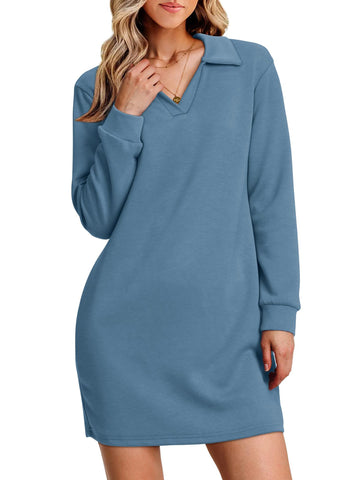 UVN Dresses for Women Long Sleeve Lapel Neck Dress Fall Casual Sweatshirt Dresses