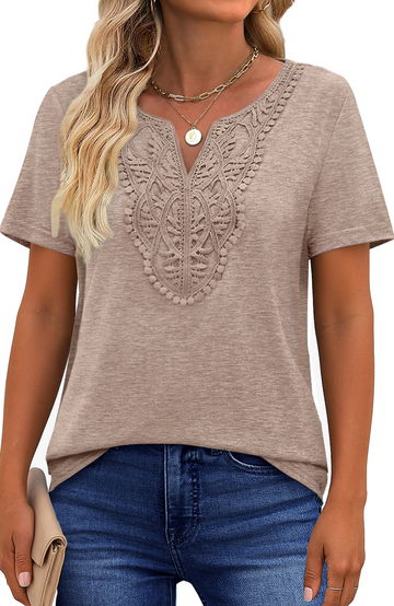 UVN Blouses for Women Summer Short Sleeve V Neck Lace Shirts Dressy Casual Boho Tunic Tops