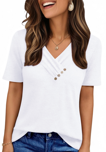 UVN Blouses for Women Summer Short Sleeve V Neck Button Shirts Dressy Casual Business Tunic Tops