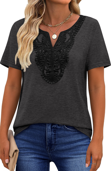 UVN Blouses for Women Summer Short Sleeve V Neck Lace Shirts Dressy Casual Boho Tunic Tops