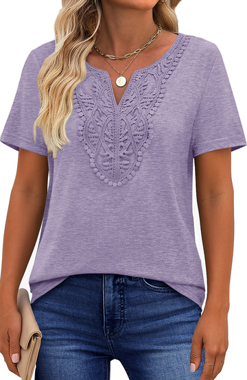 UVN Blouses for Women Summer Short Sleeve V Neck Lace Shirts Dressy Casual Boho Tunic Tops