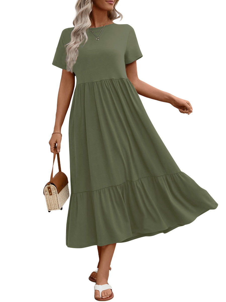 UVN Long Dresses for Women Summer Short Sleeve Casual Crewneck Maxi Dress with Pockets