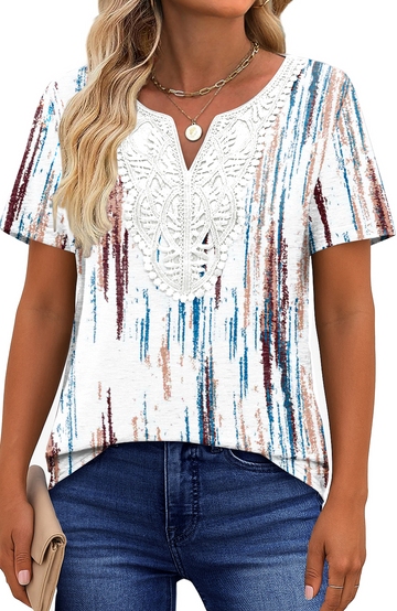 UVN Blouses for Women Summer Short Sleeve V Neck Lace Shirts Dressy Casual Boho Tunic Tops
