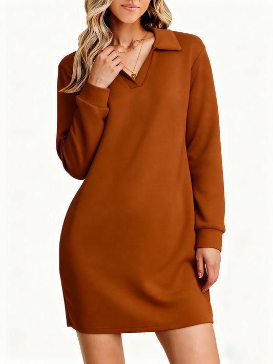UVN Dresses for Women Long Sleeve Lapel Neck Dress Fall Casual Sweatshirt Dresses