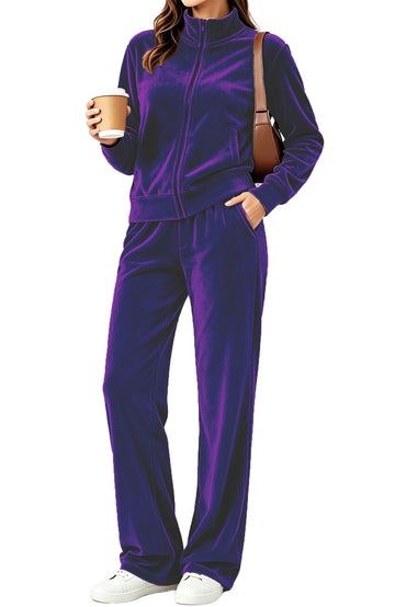 UVN Velour Outfit Set for Women 2 Piece Lounge Sets Casual Full Zip Top and Wide Leg Pants Ladies Fall Tracksuit with Pocket