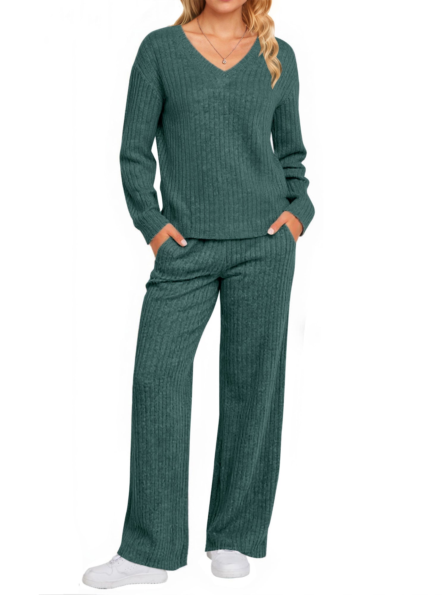 UVN Outfit Sets for Women Two Piece Sets Winter Casual Long Sleeve Tops and Long Pants Lounge Sets Ribbed Knit Pajama Sets with Pockets