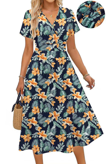 UVN Women Summer Dresses Short Sleeve V Neck A-Line Midi Dress Ladies Boho Beach Floral Print Sundress