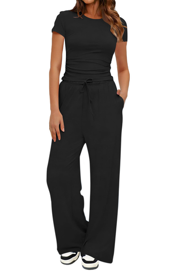 UVN Summer 2 Piece Outfit Set for Women Ruched Short Sleeve Tops and Wide Leg Pants with Pockets Casual Tracksuit Sets Ladies Loungewear