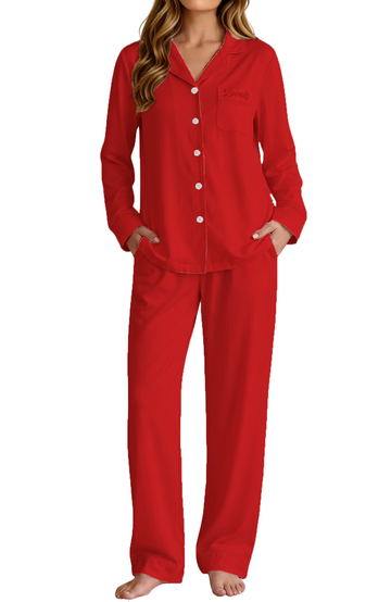 UVN Pajama for Women Embroidered Button Up Sleepwear with Drawstring Pocket Pants Ladies Casual Lounge Set