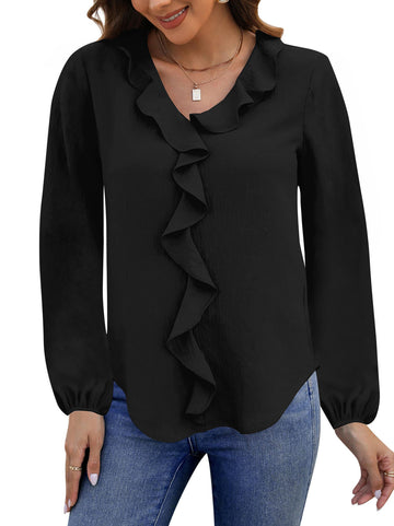 UVN Blouses for Women V Neck Long Sleeve Shirts Dressy Casual Ruffle Chiffon Tops