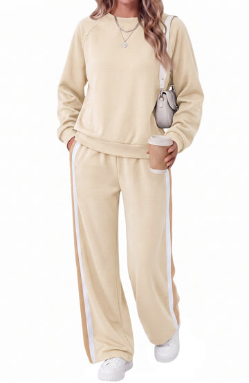 UVN Fall 2 Piece Outfit Set for Women Long Sleeve Top and Color Block Pants Ladies Casual Lounge Matching Set