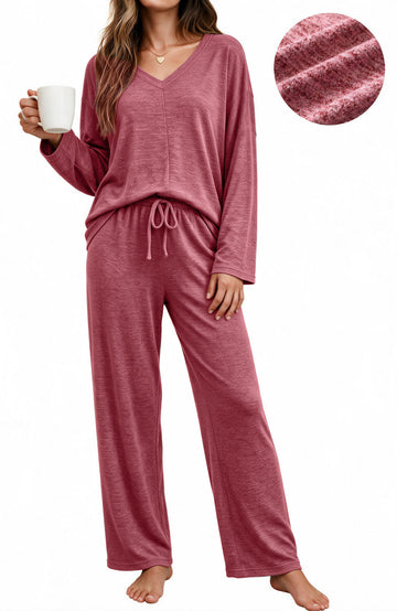 UVN Fall Womens Pajama Set 2 Piece Long Sleeve V Neck Top and Wide Leg Pant Ladies Soft Matching Lounge Set with Pockets