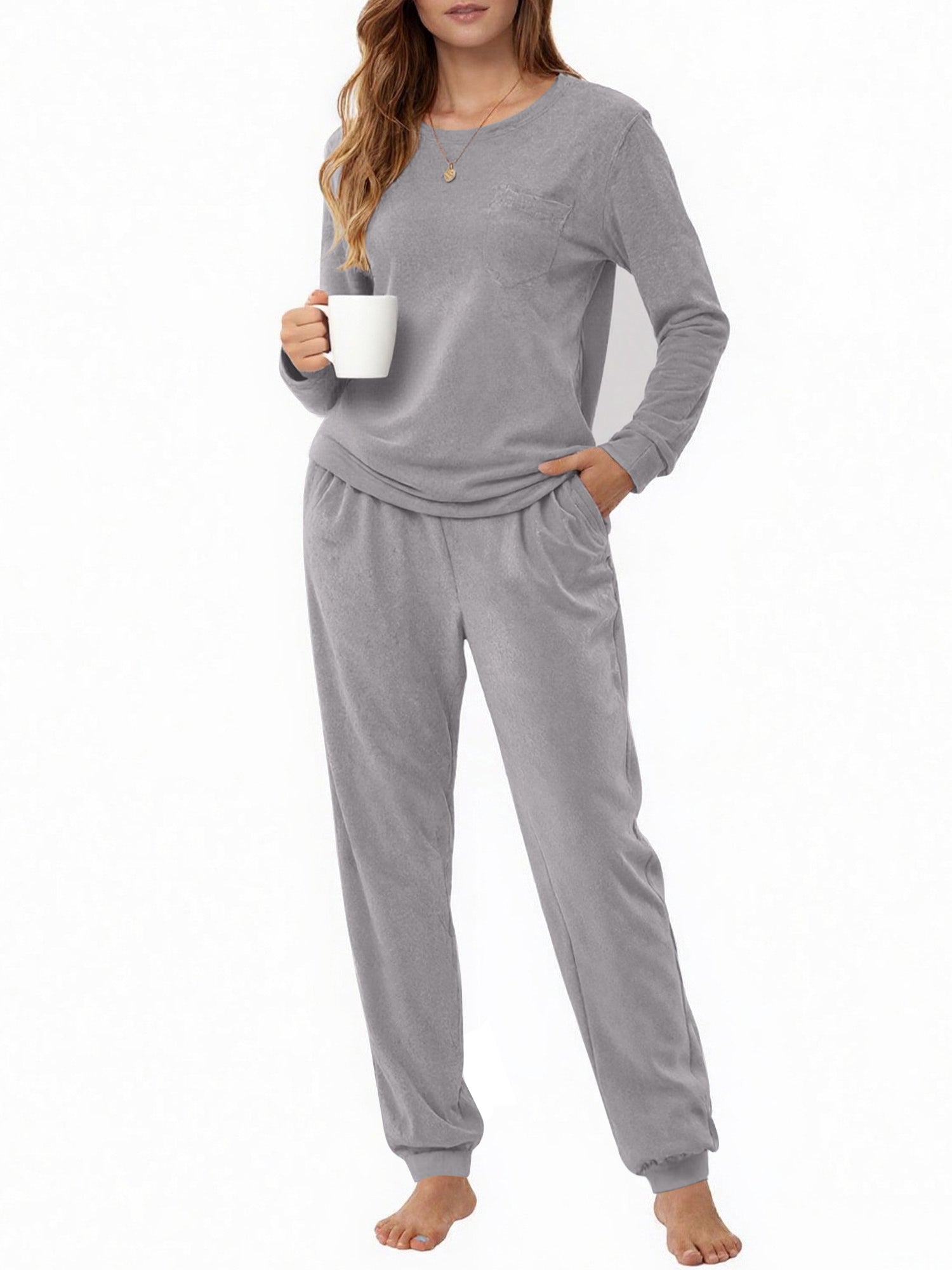 UVN Womens Velvet Pajamas Sets Winter 2 Piece Outfits Ladies Fleece Long Sleeve Sleepwear with Pockets