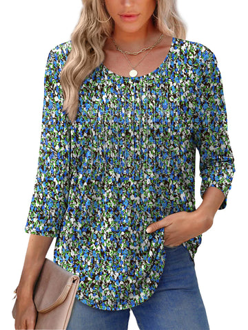 UVN Women Summer Blouses 3/4 Sleeves Loose Fit Shirts Ladies Pleated Crew Neck Tunic Tops