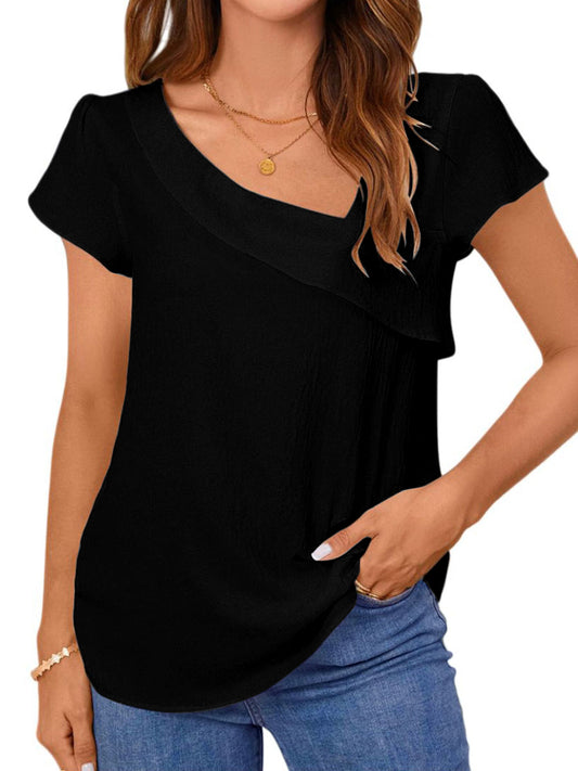 UVN Womens Chiffon Blouses Asymmetrical V Neck Shirts for Women Short Sleeve Elegant Tops