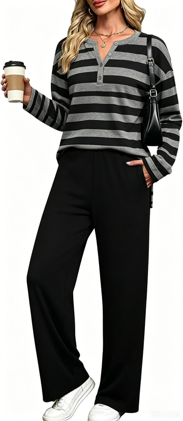 UVN Two Piece Outfits Sets for Women Casual Color Block Striped Sweatsuits Long Sleeve V Neck Button Henley Shirts Wide Leg Pants Tracksuits Travel Lounge Matching Sets with Pockets