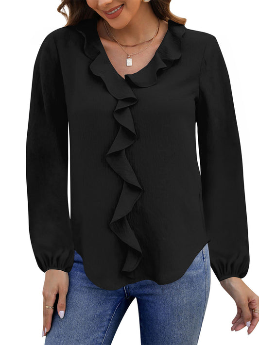 UVN Blouses for Women V Neck Long Sleeve Shirts Dressy Casual Ruffle Chiffon Tops