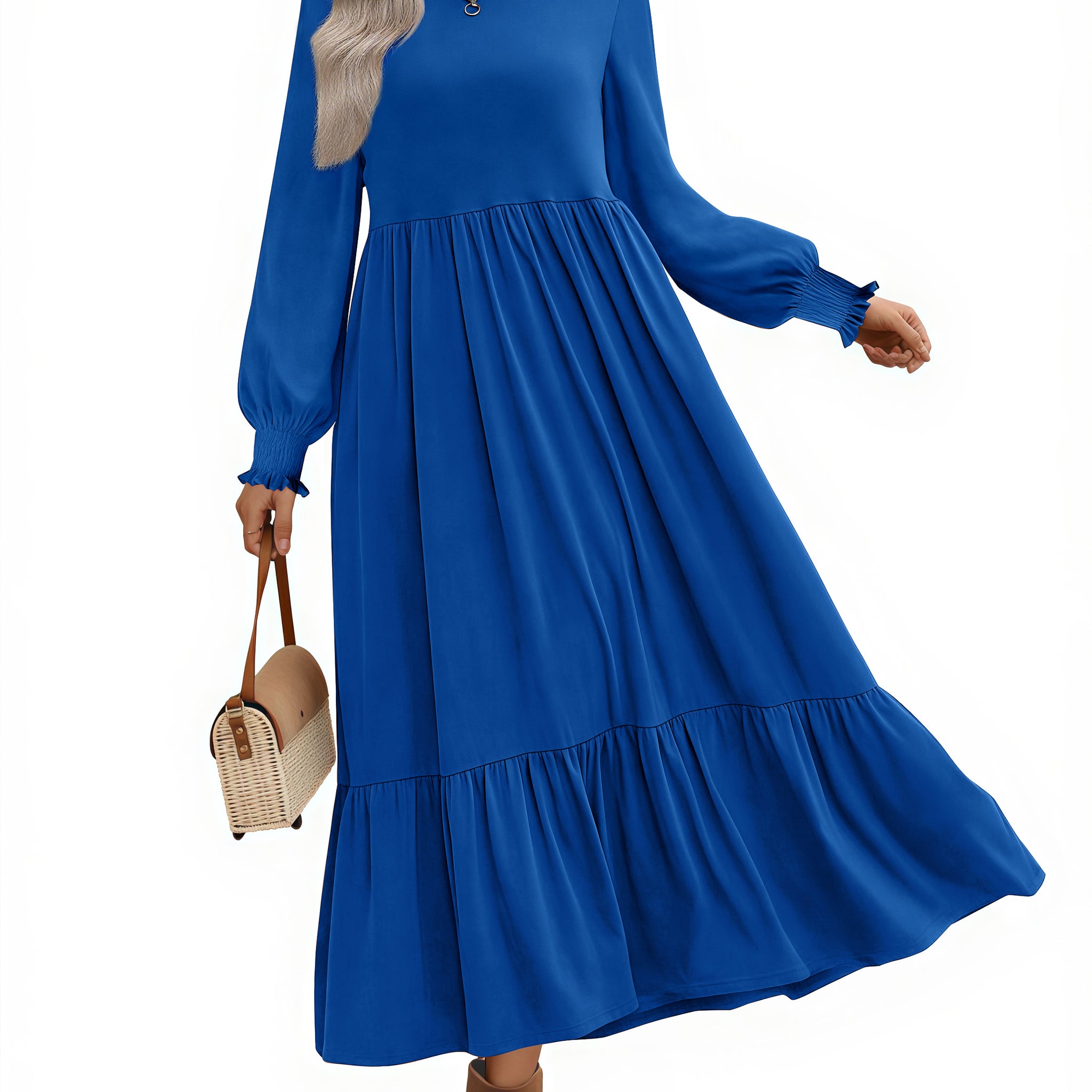 UVN Fall Long Dress for Women Crewneck Casual Long Sleeve Pleated Dresses with Pockets