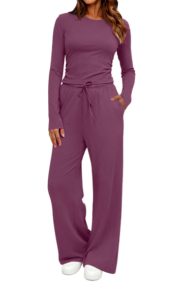UVN Winter Womens 2 Piece Outfit Sets Ruched Long Sleeve Top and Wide Leg Pants Casual Loungewear Ladies Workout Sets