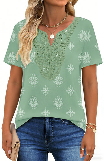 UVN Blouses for Women Summer Short Sleeve V Neck Lace Shirts Dressy Casual Boho Tunic Tops