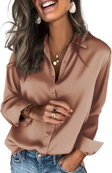UVN Shirts for Women Long Sleeve Satin Blouses Button Down Ladies Casual Top