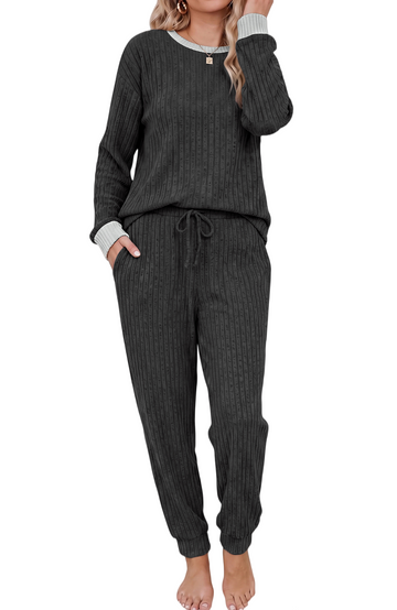 UVN Womens Pajama Set Two Piece Color-blocked Long Sleeve Top and Long Pants Ladies Fall Matching Oufits Casual Loungewear
