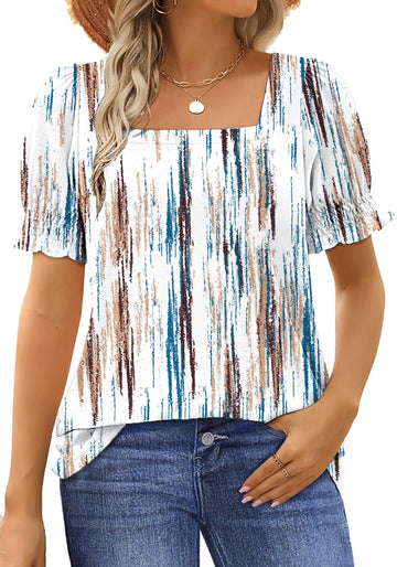 UVN Square Neck Tops for Women Summer Puff Short Sleeve Shirts Dressy Casual Tunic Blouses