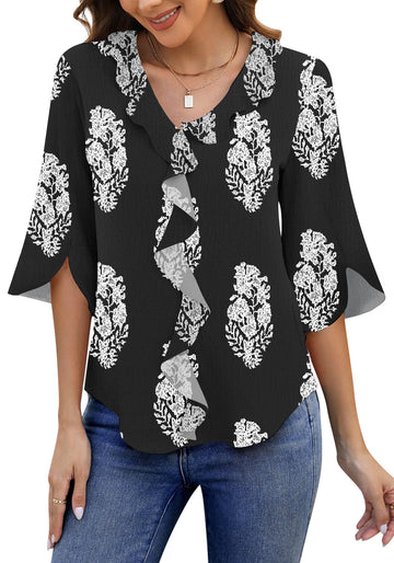 UVN Chiffon Blouses for Women Dressy Ruffle V Neck Tops Summer Casual 3/4 Sleeve Shirts