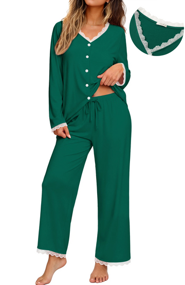 UVN Womens Pajama Sets Fall Long Sleeve Button Down Tops and Pants Two Piece Outfits Ladies Lace Sleepwear Soft Pjs Lounge Sets with Pockets