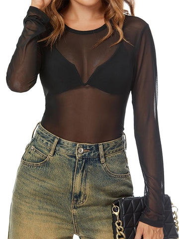 UVN Mesh Tops for Women Sheer Lace Long Sleeve Shirts Sexy Y2k See Through Party Club Blouse