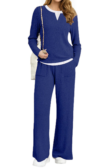 UVN Fall Matching Set for Women Color Block Tops and Wide Leg Pants Ladies Sweatsuit Casual 2 Peice Set