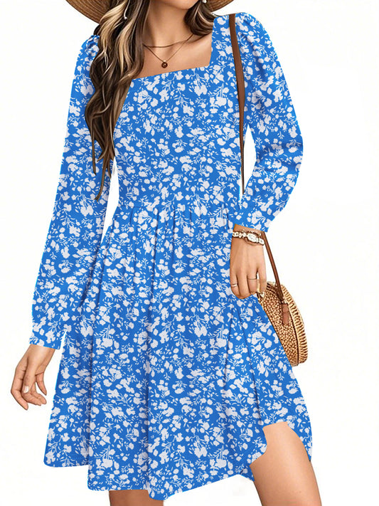 UVN Dresses for Women Fall Long Sleeve Square Neck Dress Boho Floral Print Midi Dresses with Pockets