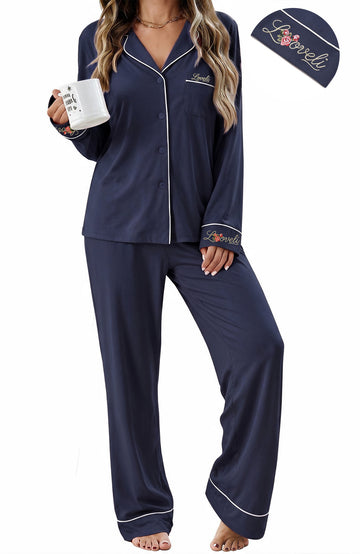 UVN Fall Pajama Set for Women Embroidered Floral Button Up Tops with Drawstring Pocket Pants Ladies Casual Lounge Set